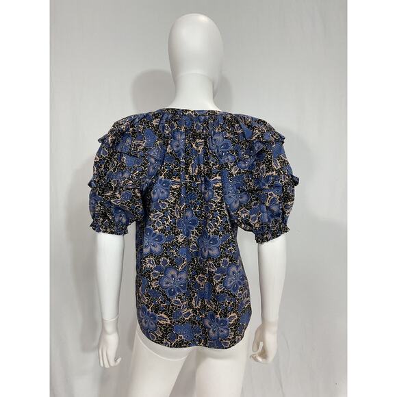 Ulla Johnson Blue Floral Print V-Neck Blouse Size 4 - Picture 3 of 5